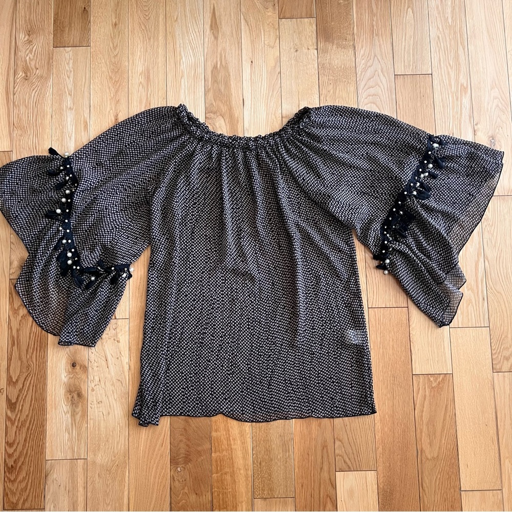 Mark's Ther Paris Brown Semi Sheer Polka Dot Bell Sleeve Top Boho Size M